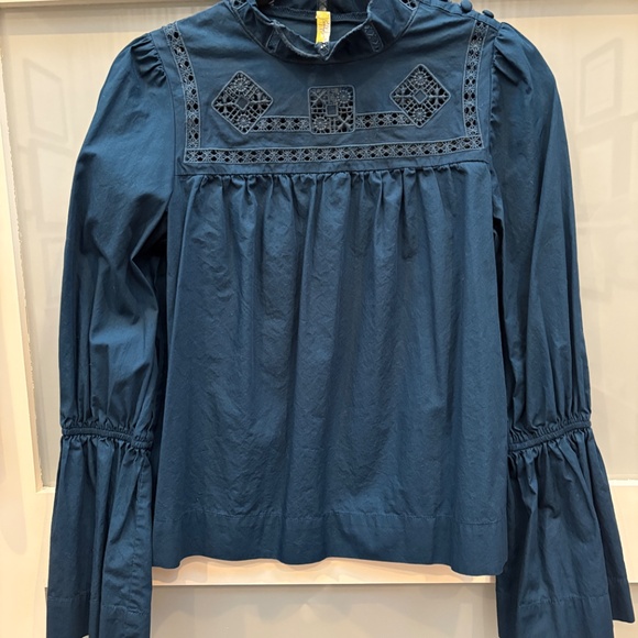 XS Free People Teal Blue Embroidered Flowy Blouse - Picture 6 of 6